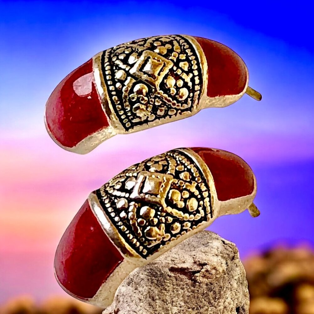 Vintage Earrings Brown Enamel & Silver-tone Half Hoop Pierced Posts